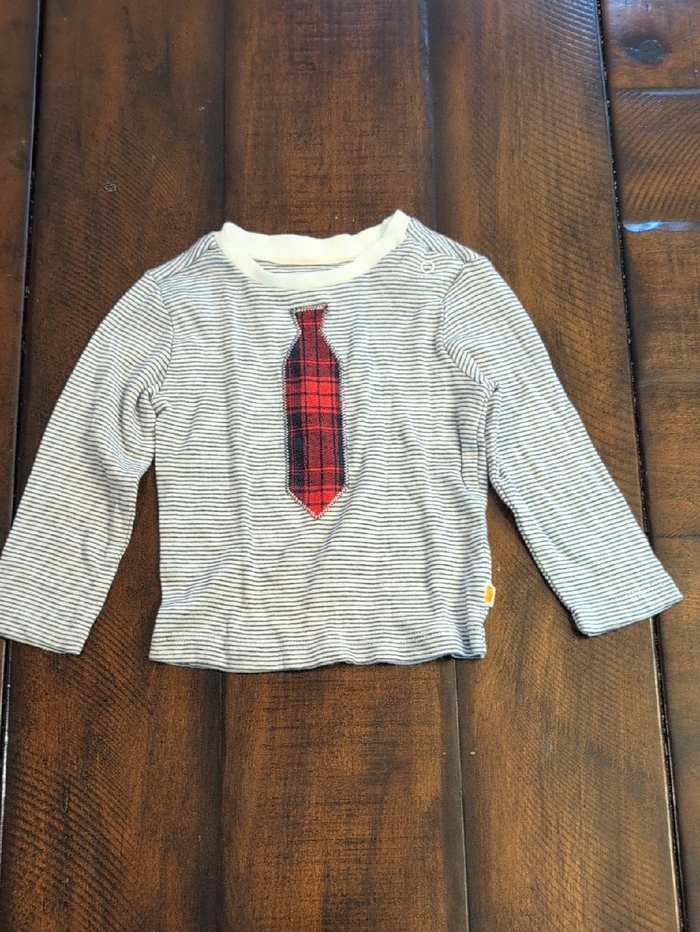 Striped Long-Sleeve Baby Shirt with Red Plaid Tie Detail 3-6 Months